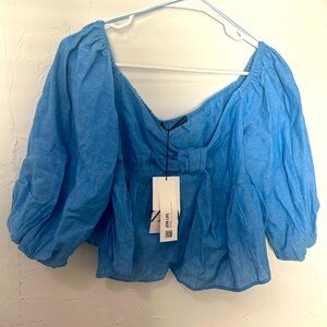 NWT Zara Linen Puff Sleeve Top